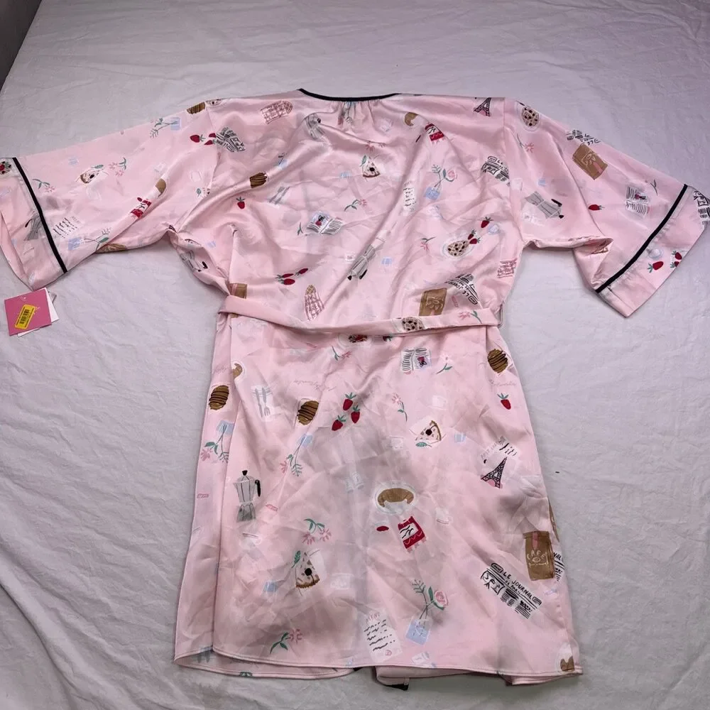 Kate Spade New York Womens French Theme Print Robe White Pink Size Medium NWT